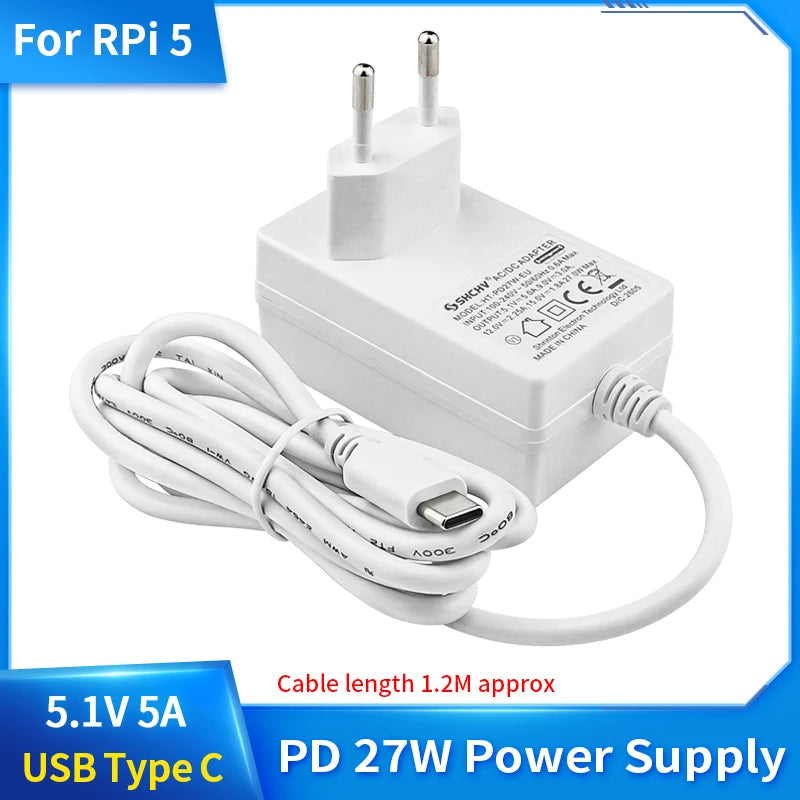 Raspberry Pi 5 PD 27W Power Supply 5.1V 5A USB Type C Power Adapter for EU US UK Plug Optional for Raspberry Pi 5/4B RPI 5