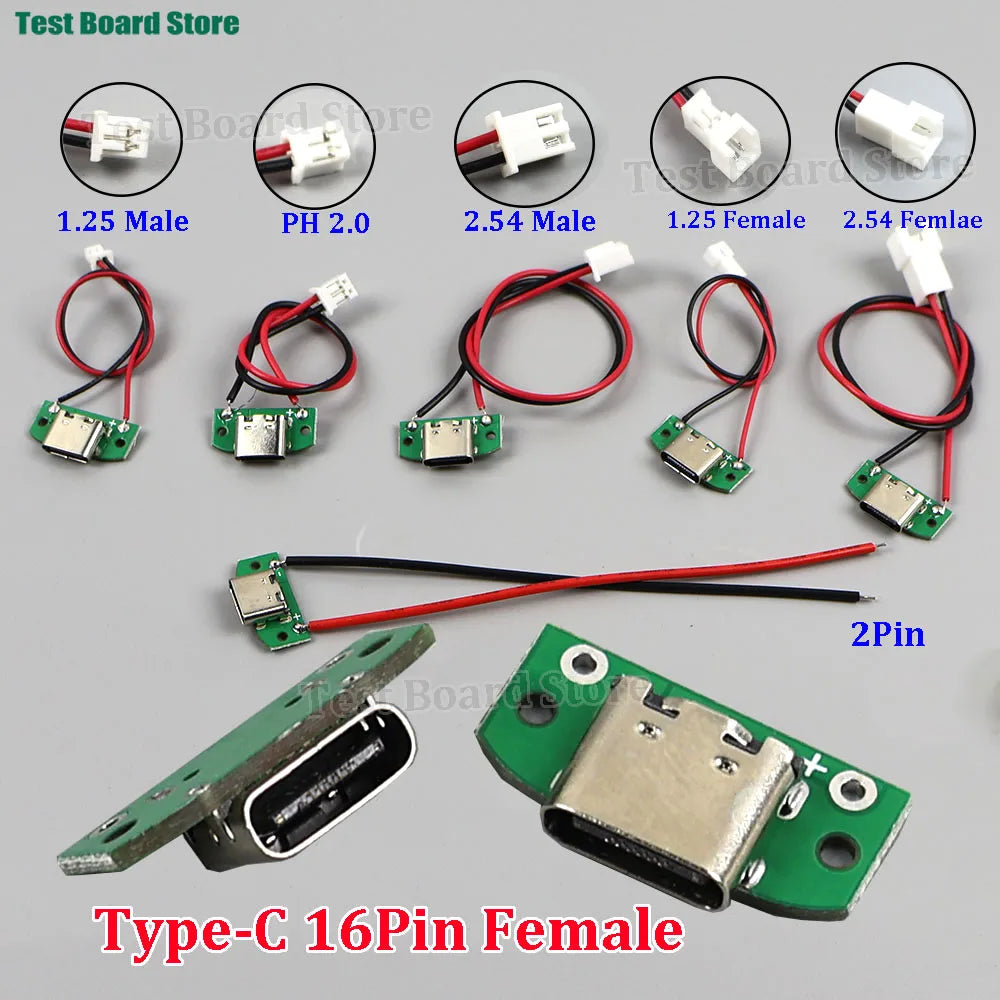 5/10Pcs Type C Female 16pin Connector with 1.25/2.0/2.54 Wire USB Male Plug Electric Terminals Welding DIY Charge Cable PCB Boar
