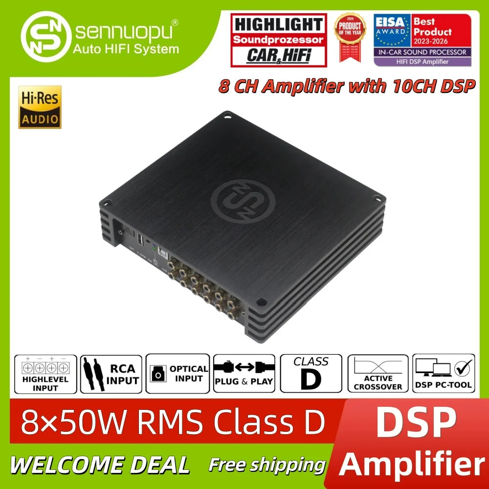 Sennuopu HIFI-K10 8-Channel Car Amplifier Integrated 10-Channel DSP Processor, HIFI Car Audio Sound Tuning Amplifier
