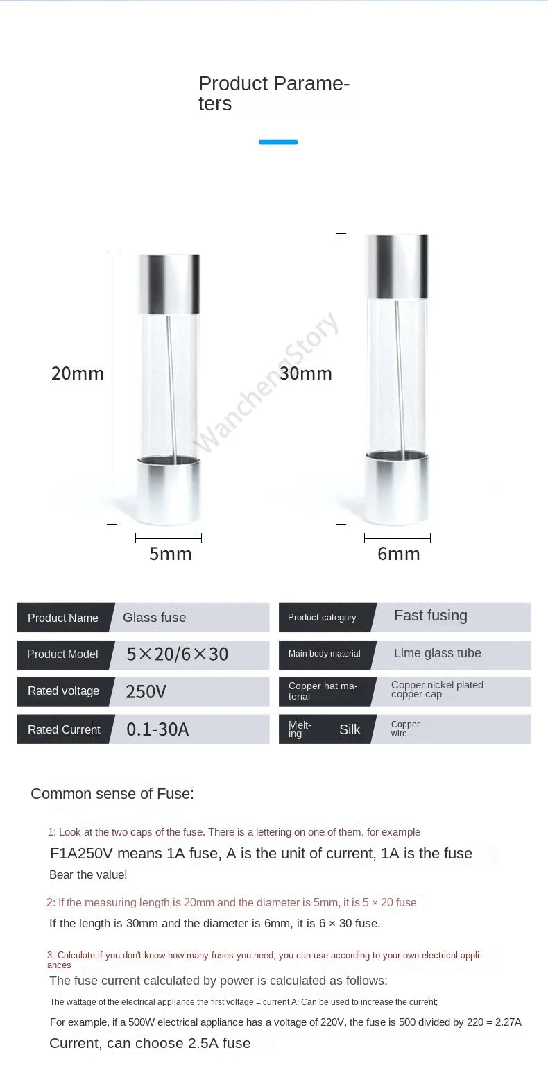 10/100PCS Fuse tube 5x20 6x30 glass fuse tube 250v0.1A 0.2A0.5A1A2A3A5A6 10A15A20A30A