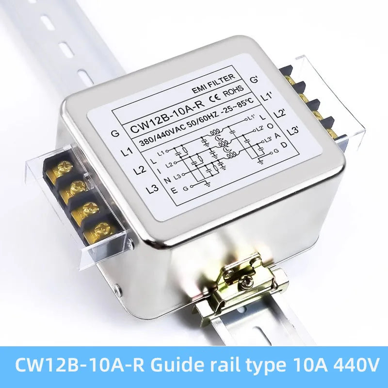 3-phase 3-wire AC power supply EMI filter CW12B-10/20/30A-R 380/440VAC terminal&Guide rail type power purifier Anti-interference