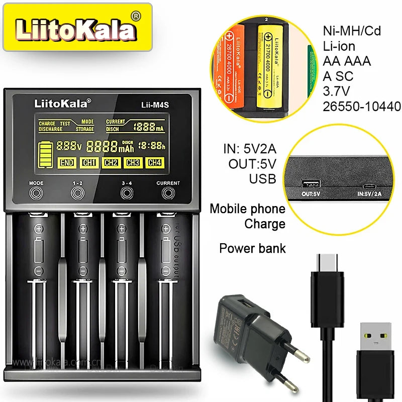 LiitoKala for 18650/26650/AA/AAA Li-ion/Ni-MH LCD Display Safe Fast Charging Lii-M4/M4S 4-Slot Smart Charger