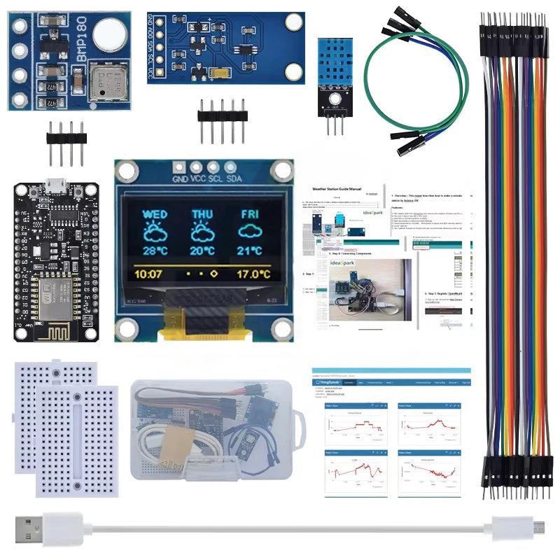 ESP8266 Weather Station Kit, Temperature & Humidity Sensor with OLED Display, Breadboard and Accessories for Arduino IoT Project