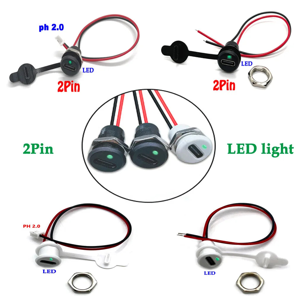 2Pin LED Lamp USB C High Current Charging Socket with Nut Snap Lock Plate TYPE-C Female Type C Waterproof Female Connector Jack