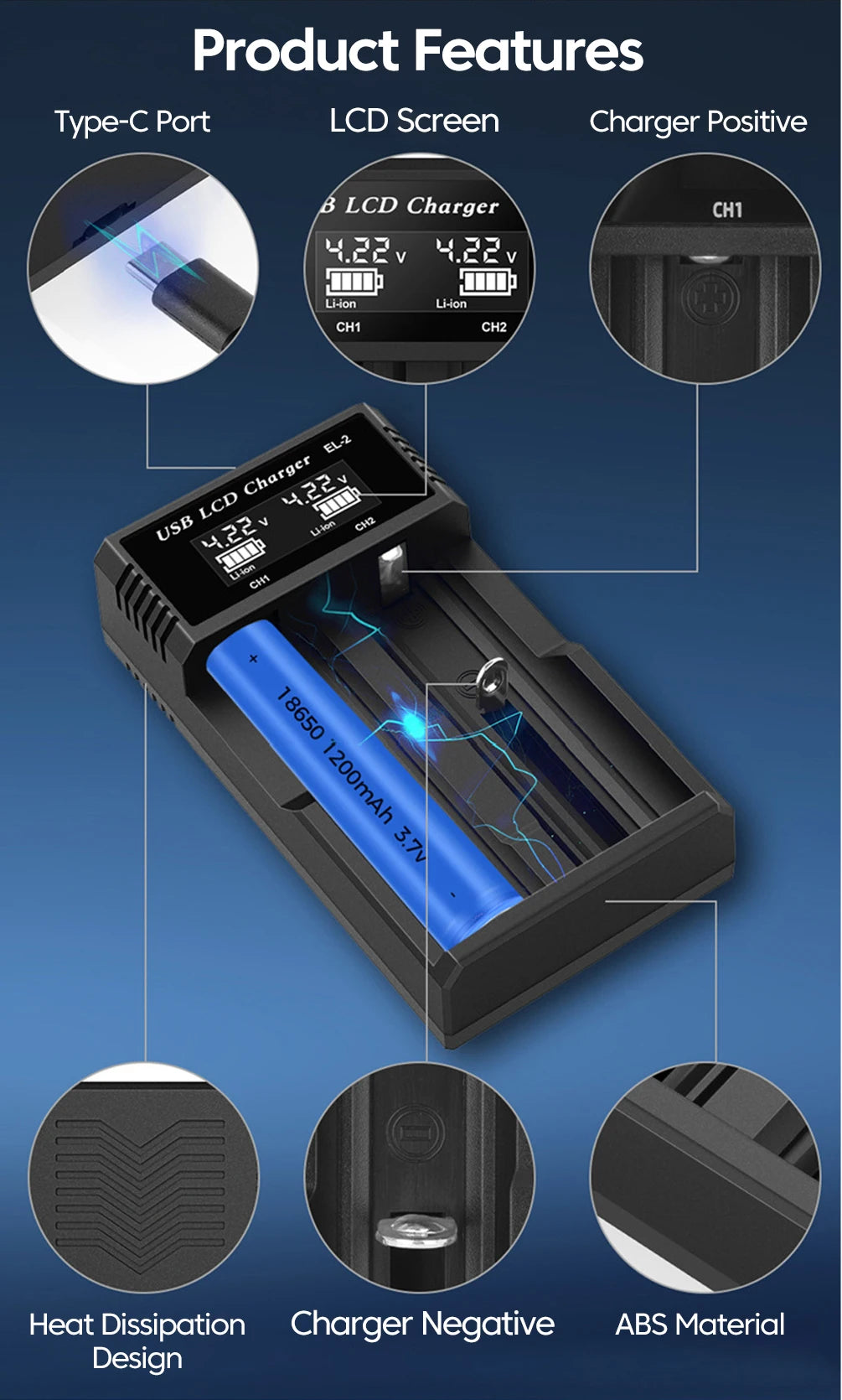 USB LCD Battery Smart Charger 1/2/4 Slots Dual For 18650 3.7V Rechargeable Lithium Battery For 1.2V NI-MH AA / AAA Battery