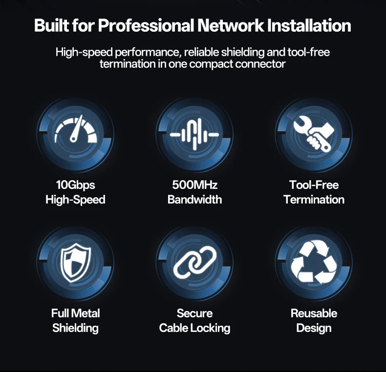 BYXGD CAT6A Tool‑Free Shielded RJ45 Connector 10Gbps 500MHz Reusable STP Ethernet Plug No Crimp Tool for 22‑26AWG Network Cable