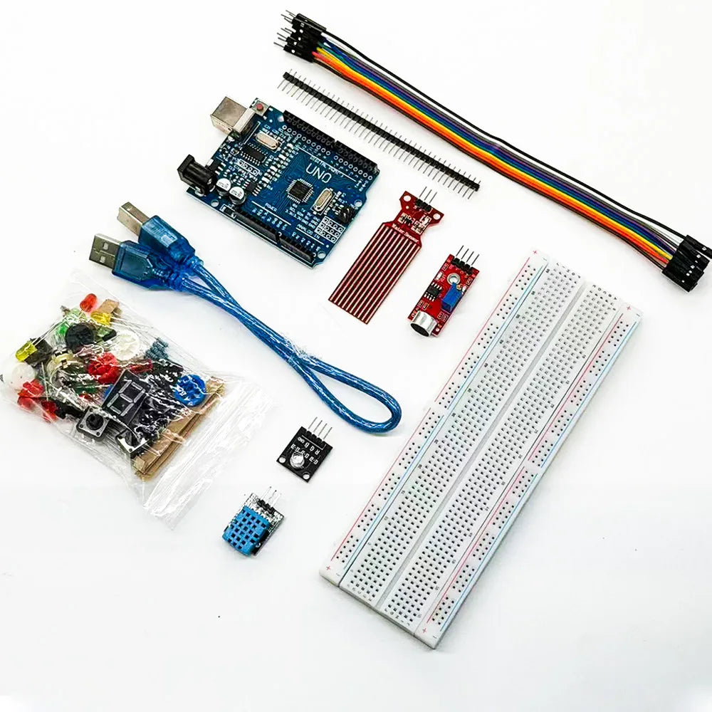 Starter Kit for Arduino Uno R3 Breadboard Basic simple learning kit, sound/water level/humidity/distance detection, LED control
