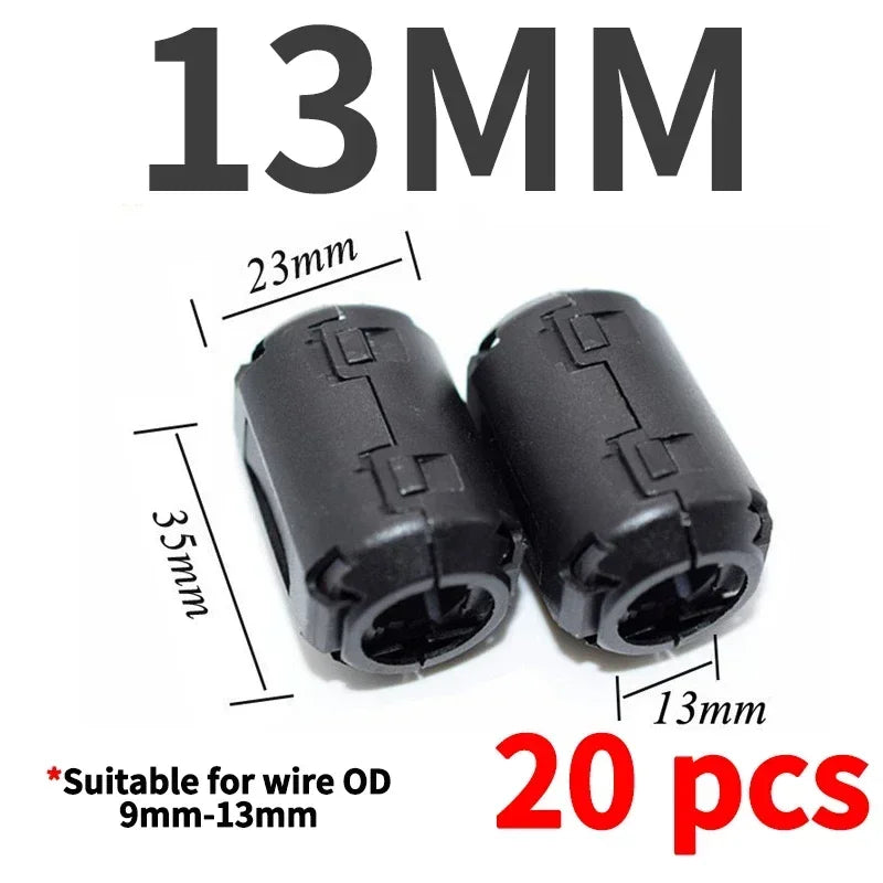 20Pcs 3.5/5/7/9/13/15mm Ring Core Ferrite Bead Clamp Choke Coil EMI RFI Noise Filter Clip Snap Cable for Black Magnetic Snap-on
