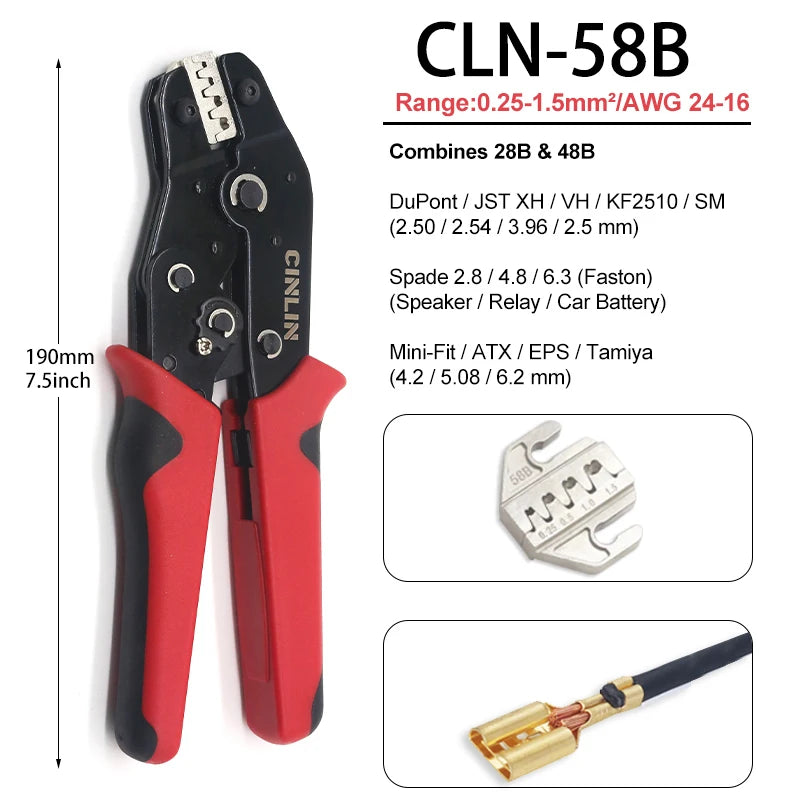 CLN-58B 0.25-1.5mm² Open Barrel Terminals Pliers Crimping Tool (24-16AWG) for JST, DuPont, Molex, PH XH 2.54 3.96 4.2mm Pitch