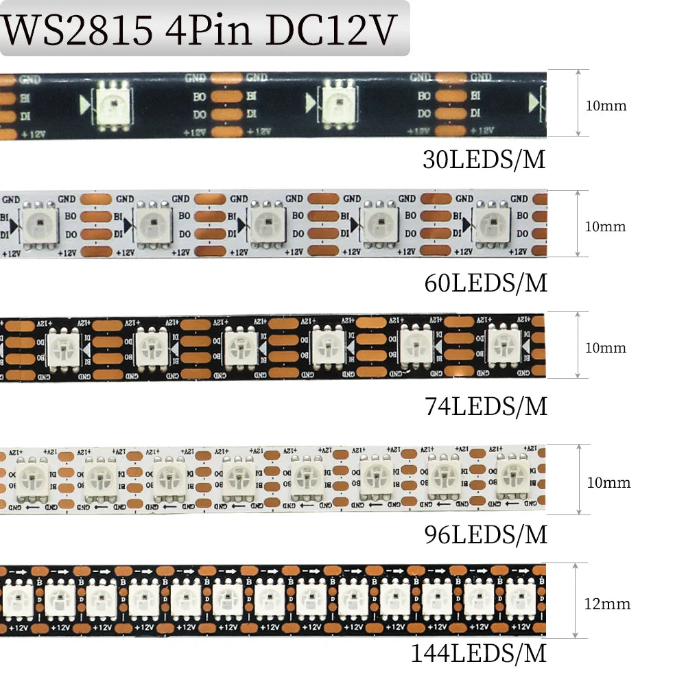 WS2815 Smart Full Color RGB LED Lights Strip 1M-5M 30/60/74/96/144 LEDs/m Individually Addressable IC LED Strips IP30 IP65 IP67