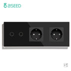 BSEED EU Standard 1/2/3Gang 2Way Wall Touch Switch Light Sensor Switches Wall Socket USB Type-C Crystal Glass Panel 240V Black