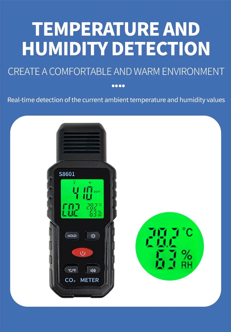 Indoor CO2 Meter Carbon Dioxide Sensor & Alarm NDIR Air Quality Monitor with Temp Humidity LCD Portable High Precision Detector