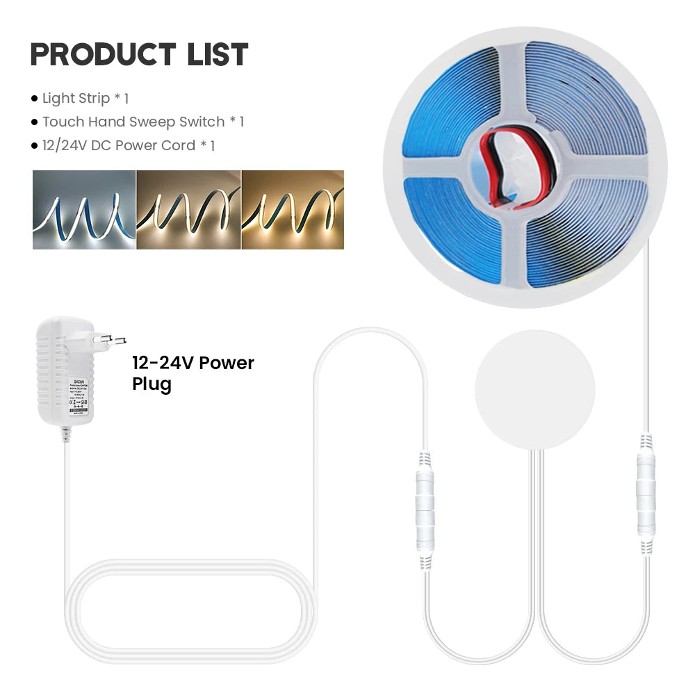 12V 24V Touch Dimmer COB LED Strip Light Hand Sweep Induction Switch US EU Power Kit Flex 320LEDs Tape Bedroom Kitchen Lighting