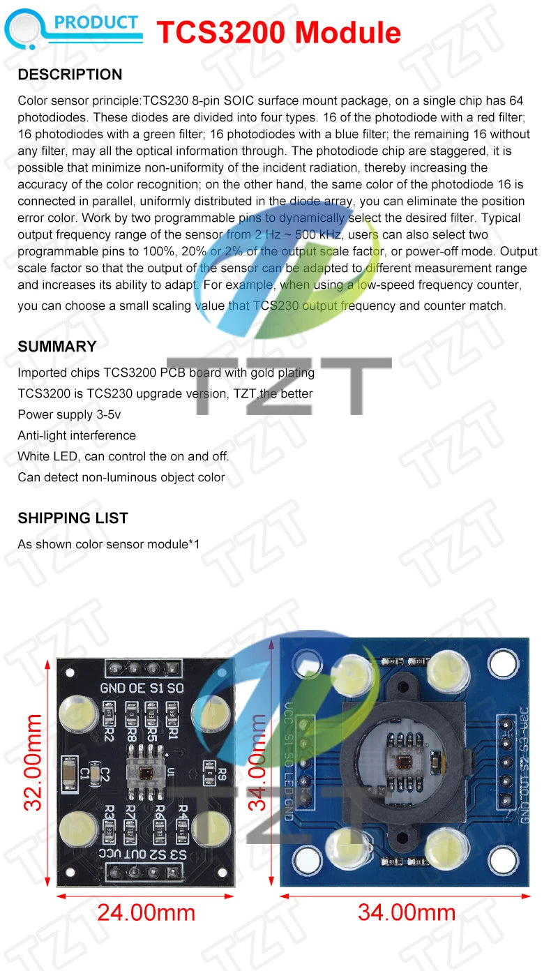 TZT Color Recognition Module TCS230 TCS3200 Color Detection Module Color recognition Module For Arduino DIY Module DC 3-5V Input