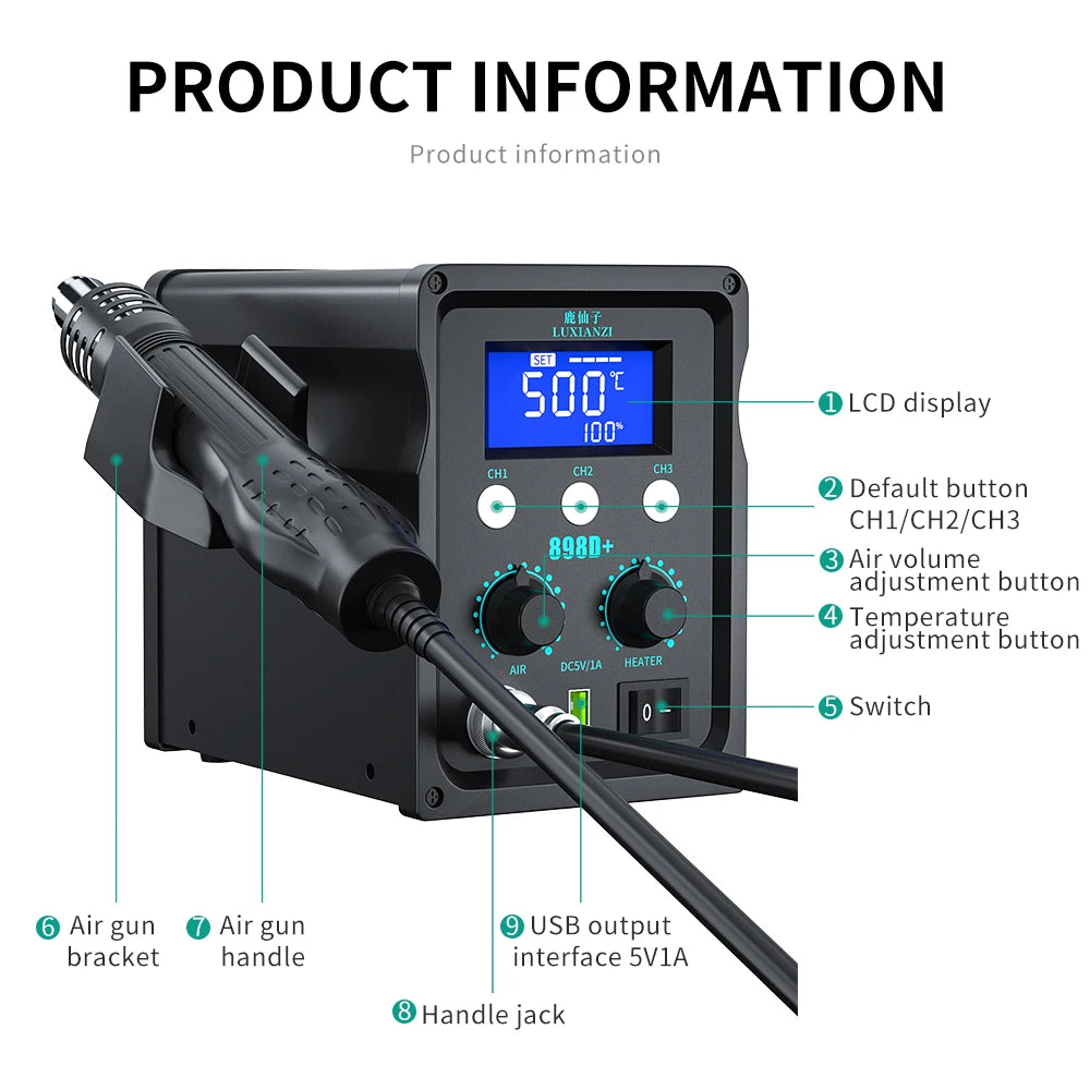 LUXIANZI 8589D+ 2 IN 1 Hot Air Gun Soldering Station With LED Digital Display For BGA PCB IC Repair Tool SMD Rework Station