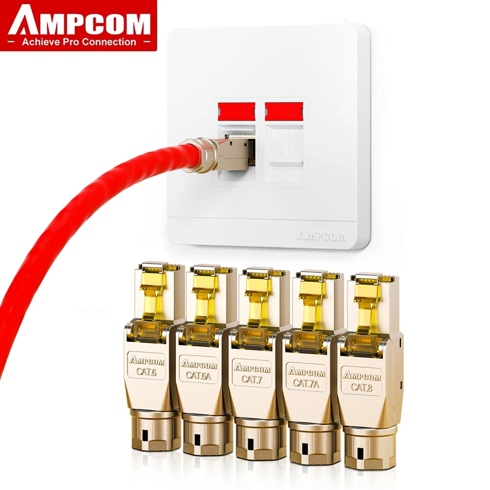 AMPCOM Tool-less RJ45 Connector, CAT8/7A/7/6A/6 Tool Free Reusable Termination Plugs Shielded Ethernet Field Modular PLug