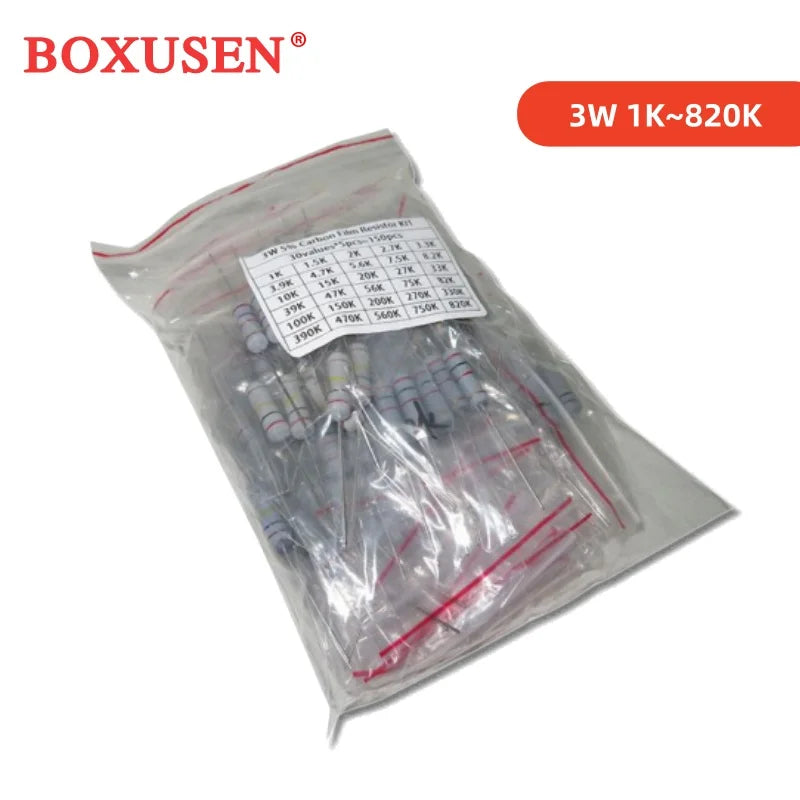 300PCS 150PCS 1W 2W 3W 5W 5% Resistor Kit 30values X 10PCS Carbon Film Resistance 0.1-750 ohm Set 1k-820K 30values X 5PCS