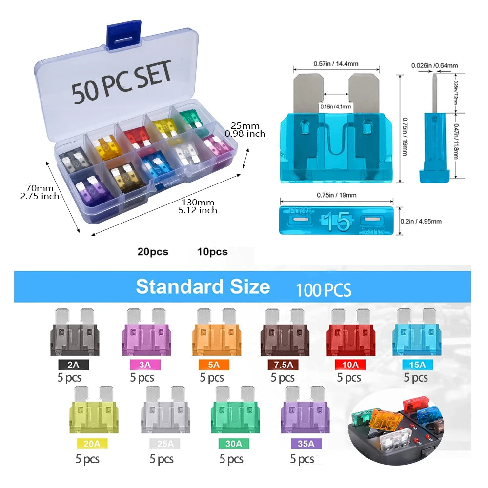 100pcs Standard Car Fuses 2A 3A 5A 7.5A 10A 15A 20A 25A 30A 35A Free Matching Choice Car Fuses Blade Fuses for RV/Truck/SUV