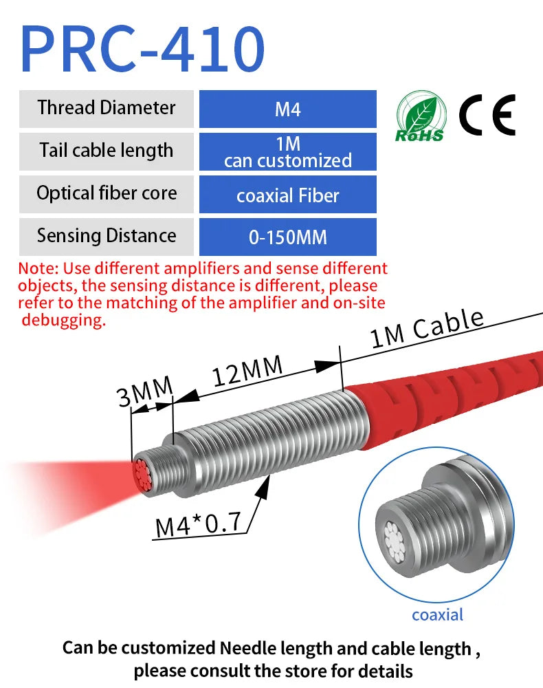 GTRIC Fiber Optic Sensor Probe Diffuse Reflection M3 M4 M6 1-2M Cable Coaxial Non-coaxial Photoelectric Optical Proximity Switch