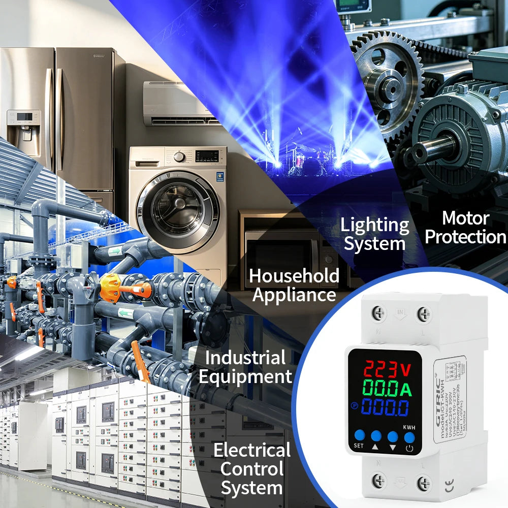 GTRIC Voltage Protection Relay Din Rail Over Under Voltage Protector 230VAC 40A 63A Adjustable Voltage Current Protection Device