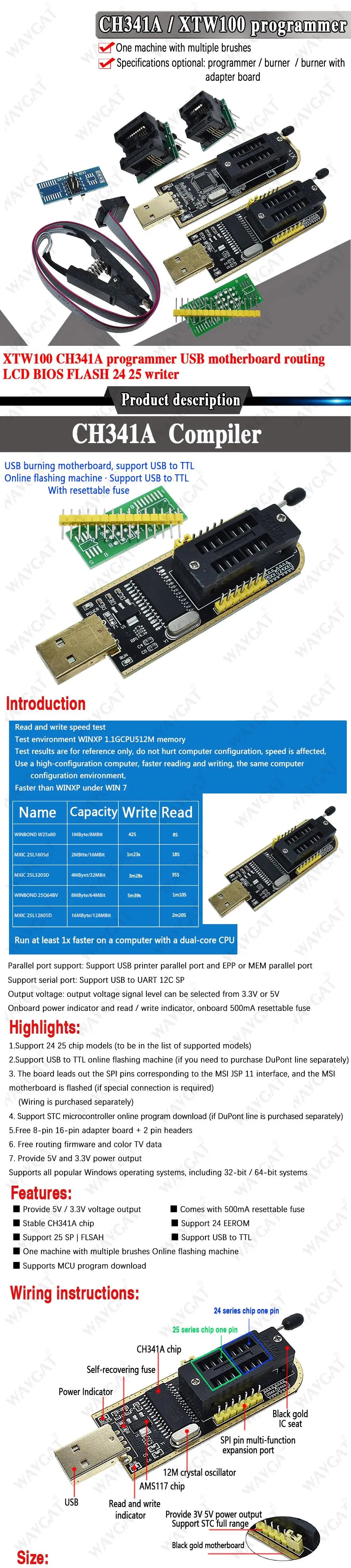 XTW100 CH341A USB Programmer with Software Driver 24 25 Series EEPROM Flash BIOS SPI FLASH Motherboard Multifunctional upgrade