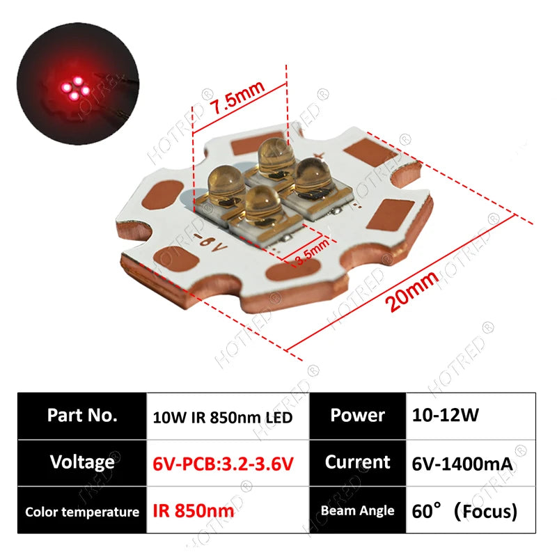 DC3V/6V/12V IR LED 60 Degree 850nm 940nm Chip 10W High Power Light3535 4Chips Infrared Lamp Ceramic Beads With 20mm Copper Board