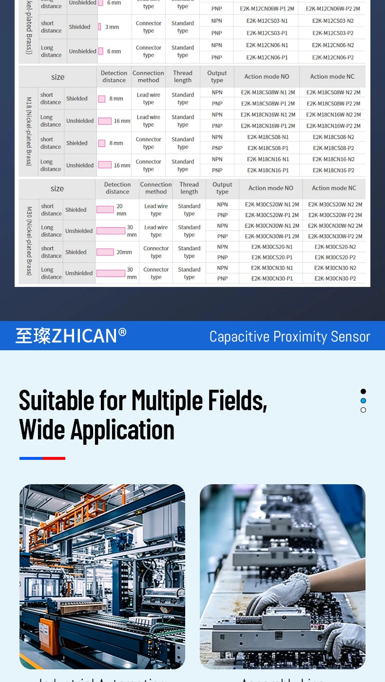 ZHICAN E2K M12 M18 Capacitive Proximity Sensor 30mm Long Range Plastics Glass Wood Metals Nonmetal Material Detection Switch