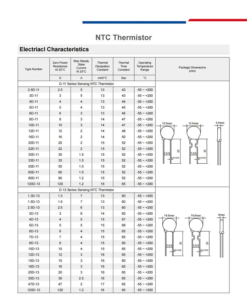 10PCS NTC Thermistor Resistor Negative Temperature Coefficient 3D 5D 8D 10D 16D 20D 22D 33D 47D 10 16 20 22 Ohm 5 7 9 11 13 15