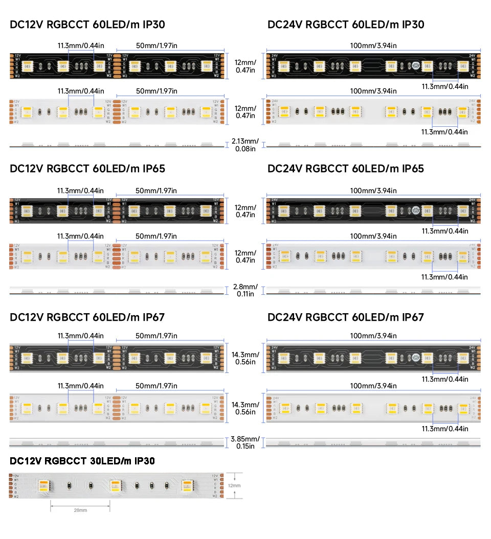 5m 12V 24V 5050 RGBCCT 5 in 1 LED Lights RGB WW CW 2700 - 6500K Strip Light RGBW RGBWW RGBCW 6pin Ribbon 30 60 LEDs/m IP30 65 67