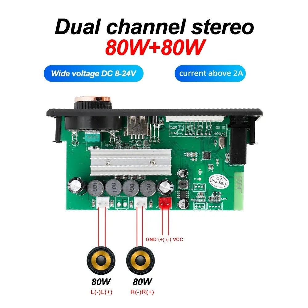 Bluetooth 5.1 MP3 Decoder Board 2*80W 160W Amplifier Audio Player 12V DIY MP3 Player Car FM Radio Module TF USB Mic Record Call