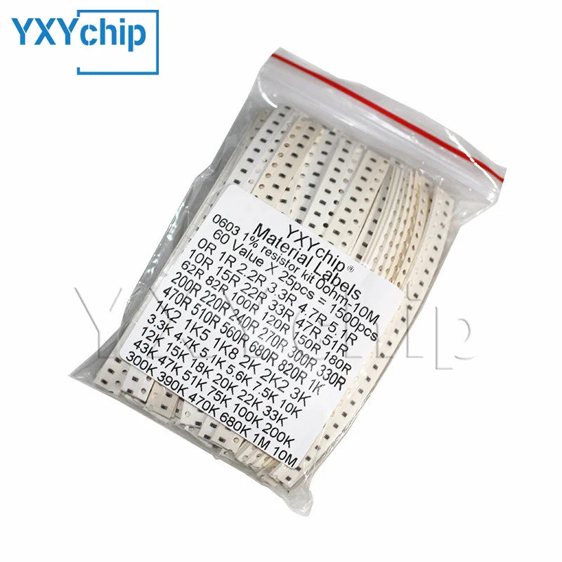 1500pcs 0603 0805 1206 SMD Resistor Kit 0ohm-10M Ohm 1% 60valuesX 25pcs=1500pcs High Precision Film Chip Resistance Kits