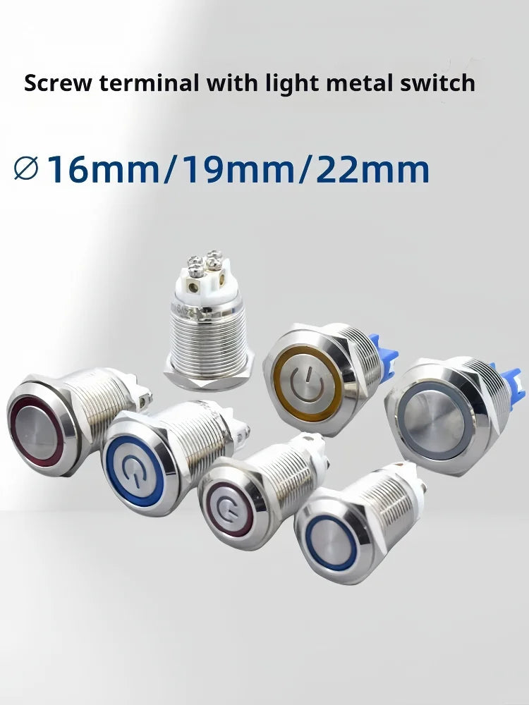16/19/22MM Push Button Switch Screw Terminal Self-locking Latching Momentary Metal Black 12/24/220V Waterproof Power Start Stop
