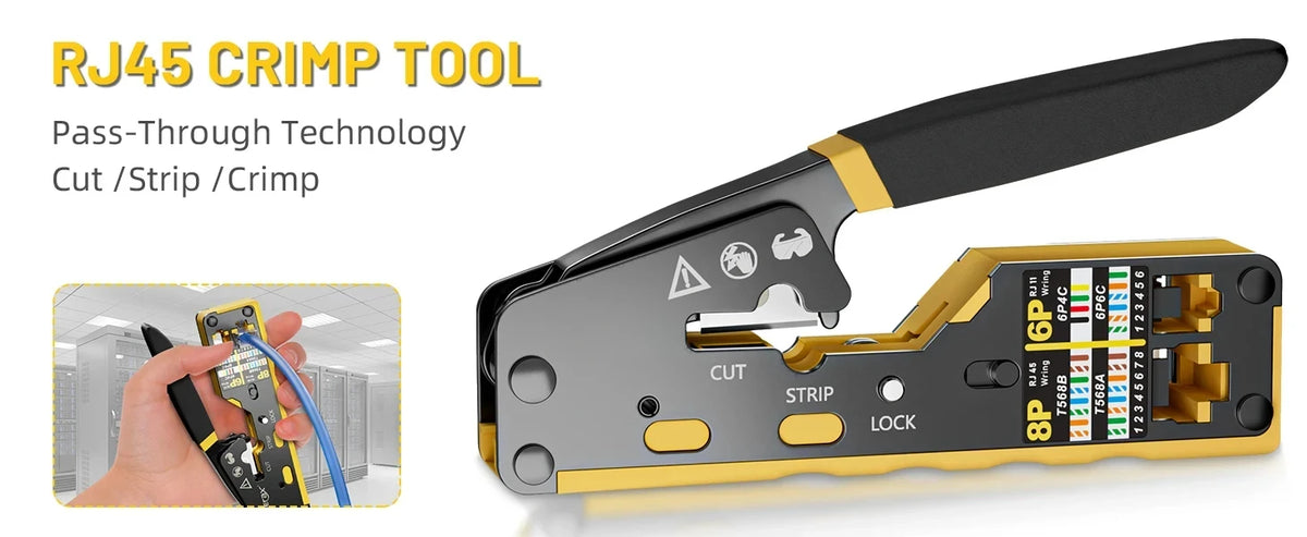 Kebidumei RJ45 Crimp Plier Pass Through Ethernet Modular Plug Crimping Tool for Cat6 Cat5/5e RJ45 Connectors 8P6P RJ11 Connector