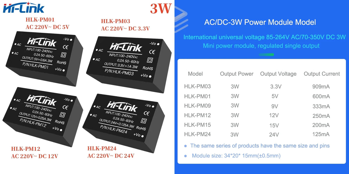 Hi-Link HLK-PM01 AC DC Step Down Converter Manufacturer 220V to 5V 3W Mini Intelligent Compact Power Supply Module