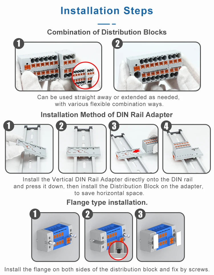 Din Rail Distribution Block PTVFIX Series Push-in Side-entry Terminal Block 2.5 mm² Cable Connector 6/7/12/13/18/19 Connections