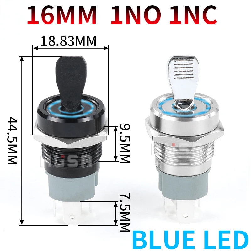 16MM  Self-locking ON-OFF Slide Power High Current Metal Toggle Switch Waterproof Push Button 2 Positions 1NO1NC Illuminated Led