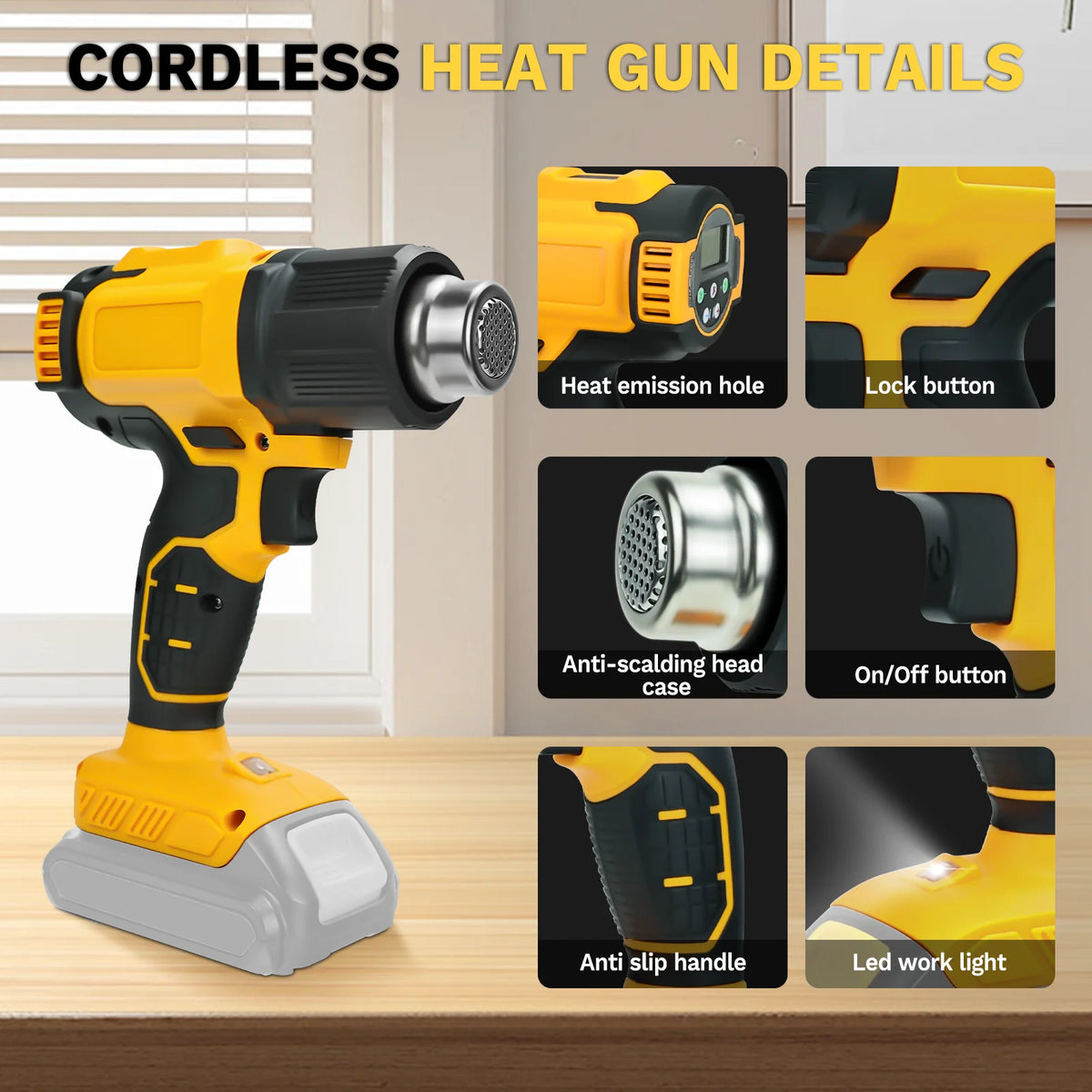 300W Cordless Heat Gun 60℃- 540℃ Fast Heating Hot Air Gun Variable Temperature Control DIY Craft for Dewalt 20V Battery Pin
