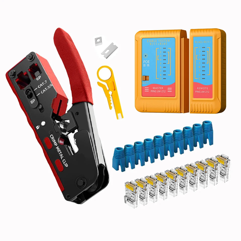 Rj45 Rj12 Rj11 Pass Through Crimp Plier Cat7 Cat6 Cat6A Cat5 Cat5e Stripping Crimping Tool with 8P/6P Ethernet Connectors