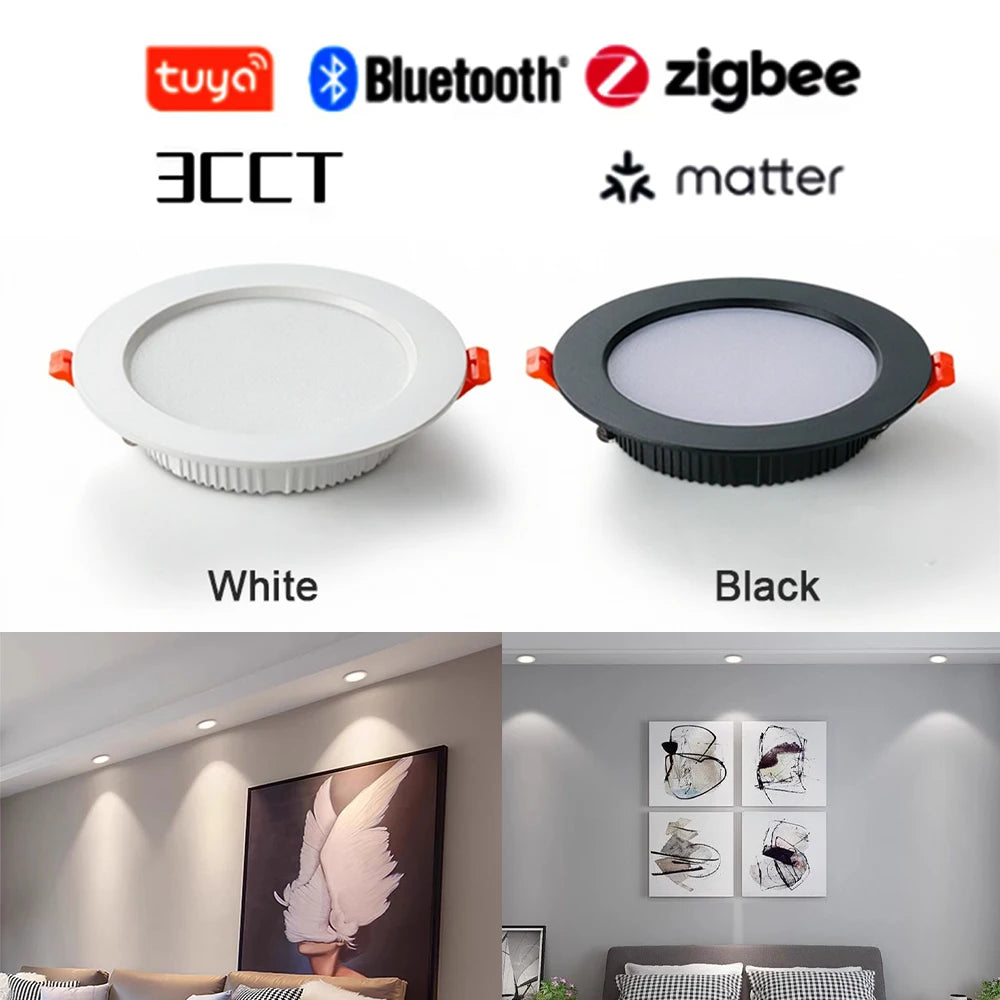 Tuya Smart Ultra-thin Embedded LED Downlight Bluetooth Zigbee Matter 3CCT Dimmable AC110V 220V Ceiling Lamp Indoor Lighting