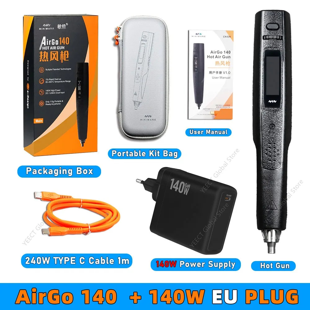 MINIWARE AirGo 140 Portable Hot Air Gun Soldering Station 140W PD USB C BGA Desoldering Rework Tool Smart Sleep Stand Kit