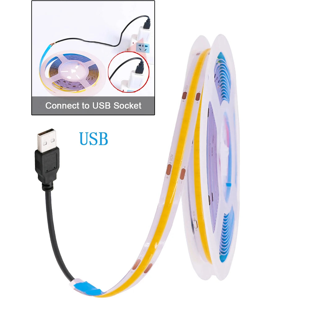 DC 5V LED COB Strip Light USB High Density Linear Lighting 320LED Flexible Tape Lights Warm Natural White Red Blue Green Decor