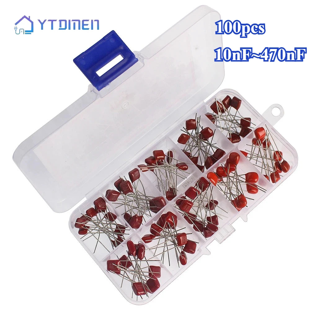 100pcs/box CBB Polypropylene Film Capacitor Assortment Kit 10nF~470nF 10nF 22nF 33nF 39nF 47nF 100nF 150nF 220nF 330nF 470nF