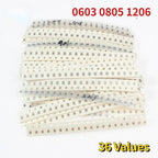 720pcs 0603 0805 1206 SMD Ceramic Capacitors Assortment Kit 36Values 1pF-10uF Electronic Capacitor Set 36 Values X 20pcs