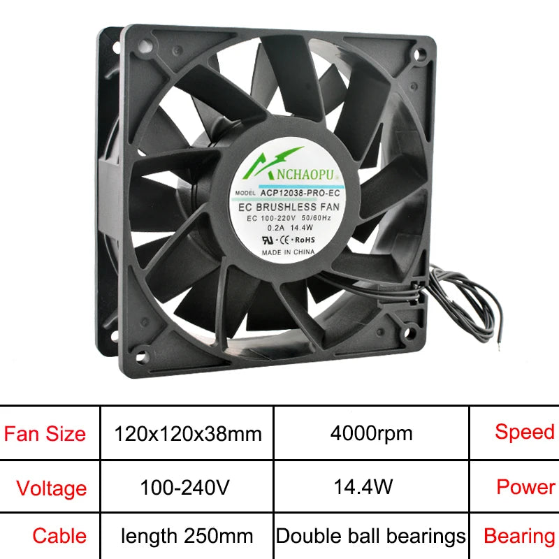ANCHAOPU EC Brushless Axial Cooling Fan 40-140mm AC 110V-240V for Cabinet, Industrial, Server High Speed Ventilation