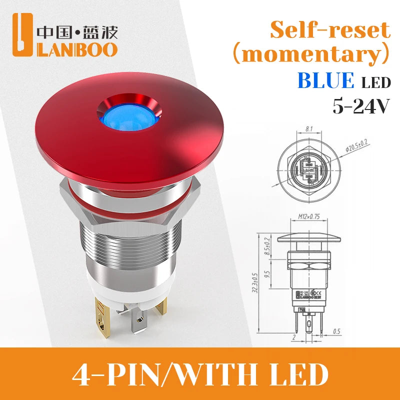 LB12E-M Mini Emergency Stop Button with LED Light Elevator Machine Tool Safety STOP Switch Self-locking / Momentary Selectable