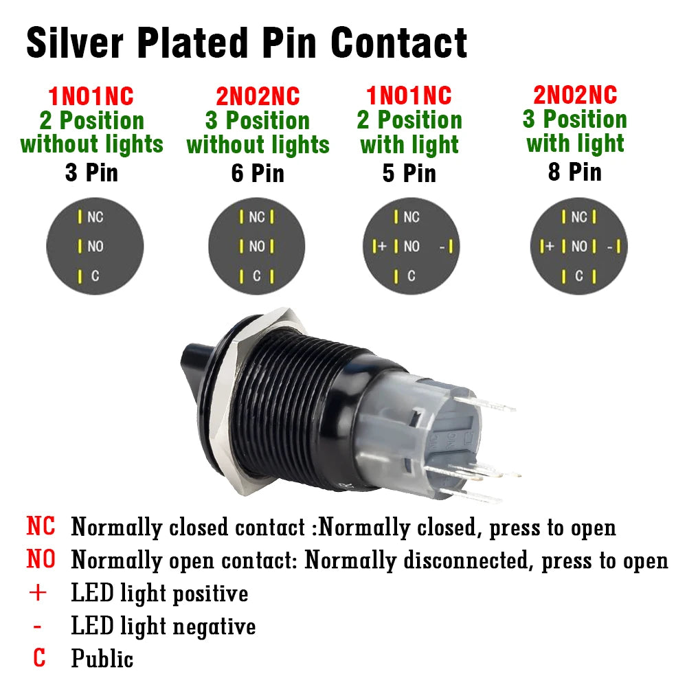 19mm Black Self-return Momentary Self-locking Fixation Waterproof DPDT Illuminated Metal Selector Rotary Switch 2/3 Position LED