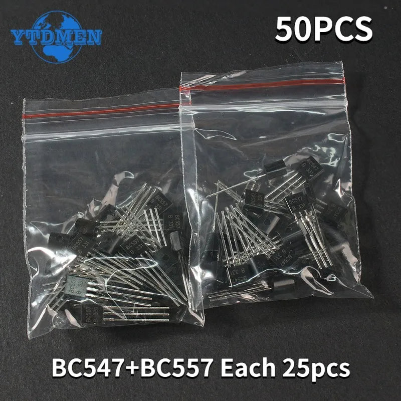 50PCS Transistor BC547 BC557 TO-92 NPN PNP Power Triode Transistors Kit Free Shipping