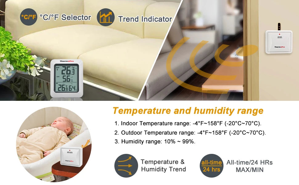 ThermoPro TP60C 60M Wireless Digital Indoor Outdoor Thermometer Hygrometer Weather Station for Home