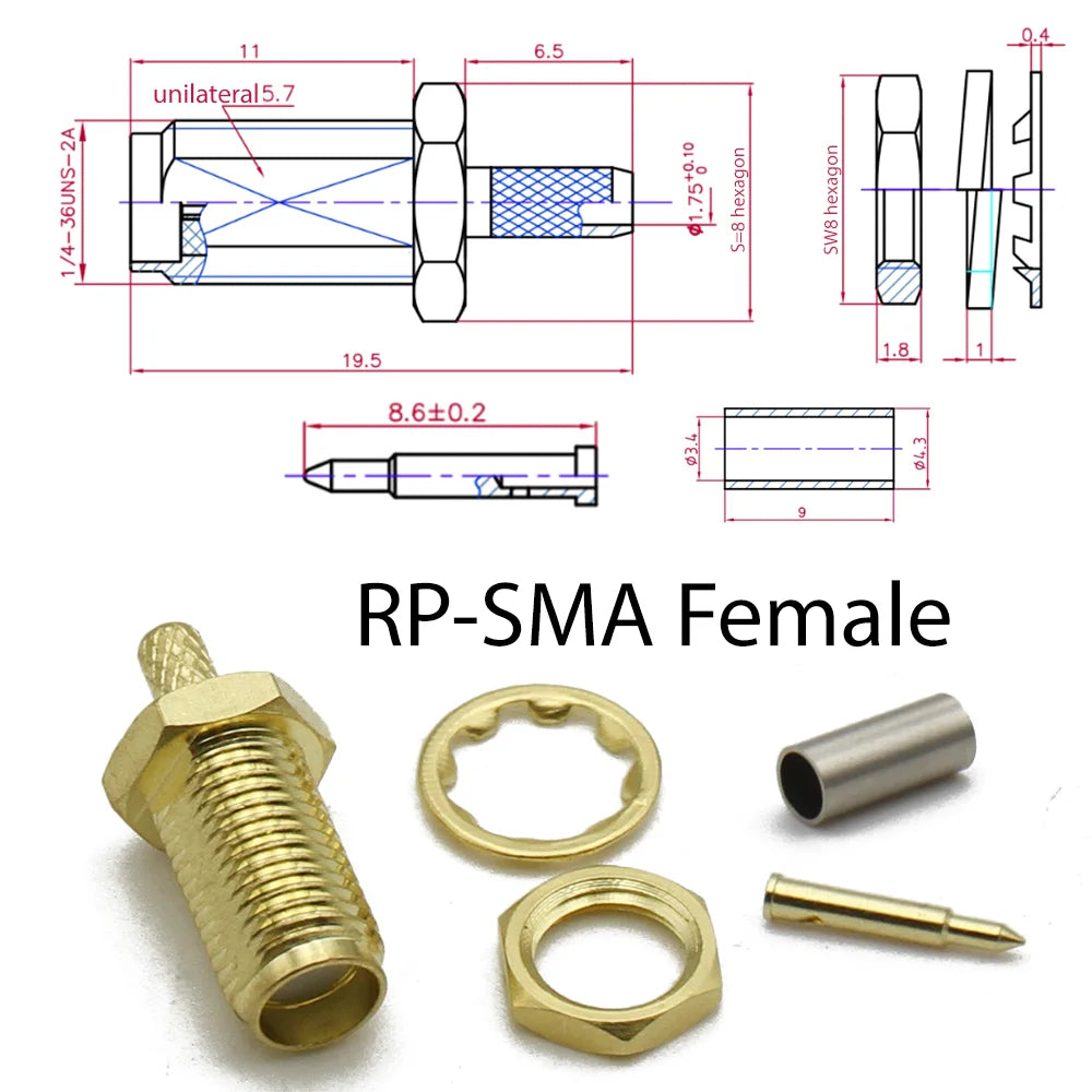 SMA RP SMA Male Plug Female RF Coax Connector Crimp for RG174 RG316 RG178 RG179 LMR100  Cable Brass Gold Plated High-quality