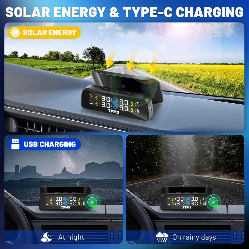 Tire Pressure Monitoring System with Solar Charge LCD Display Real TimeTPMS with 4 External Sensors For Car RV SUV MPV Truck
